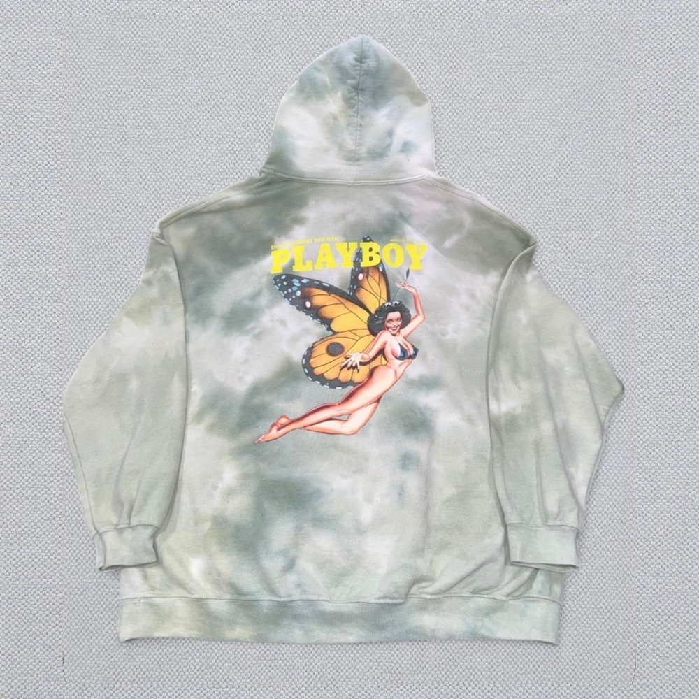 Playboy Hoodie L Butterfly Pinup Back Print Green Tie Dye August 1967 Pullover
